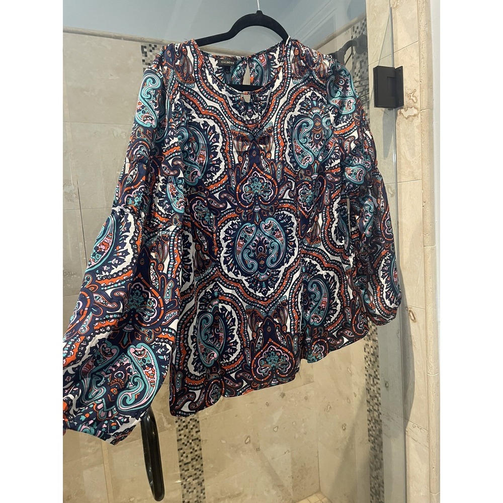 Talbots Floral Popover Top Balloon Sleeve Top Colorful Shirt Womens Size L Satin